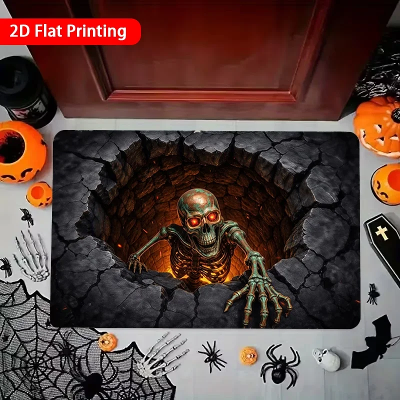 Zombie Skeleton Doormat Red Eyes Skull Welcome Rug 3D Optical Illusion Pit Front Entryway Theater Club Patio Floor Decor Mat