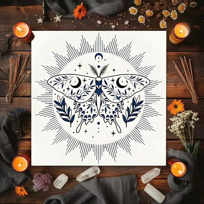 VIKAMA Moon Phase Moth Tarot Card Tablecloth Mysterious Divination Altar Cloth Ritual Table Mat Spiritual Background Cloth