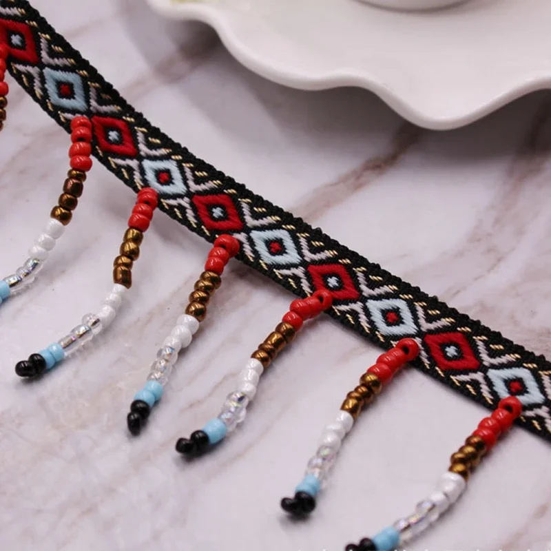 1 Yard Perlenfransen Ethnische Seidenquasten Spitzenbesatz für Vorhänge, Stickbänder, Quasten für Schmuck, DIY-Kleider, Nähen, Kleidung, Bänder – Detail 4