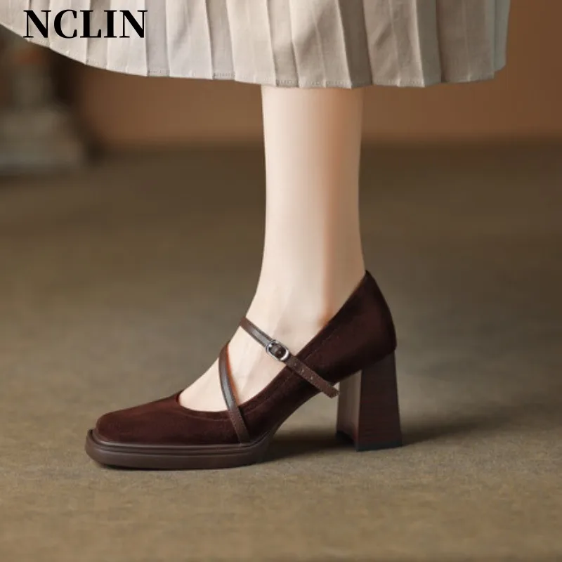 

New Kid Suede Vintage Women Shoes Fashion Square Toe Pumps Chunky Heel Spring Shoes Women Zapatos De Mujer Mary Jane Shoes