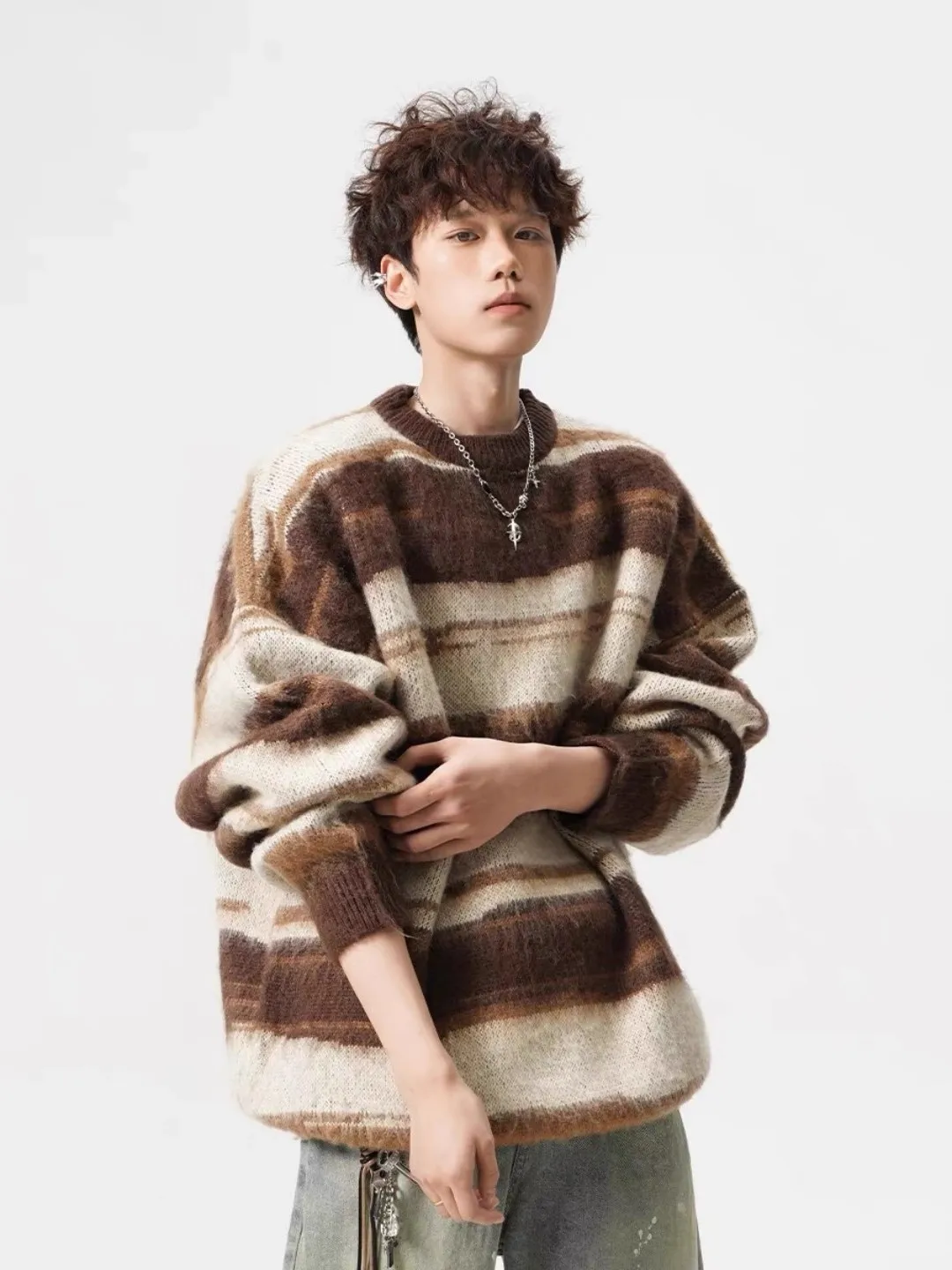 

Loose Fit Casual Stripe Knit Sweater round Ne Mahai Wool Men's Autumn Winter Loose Feelings Couple Base irt Comfortable Soft