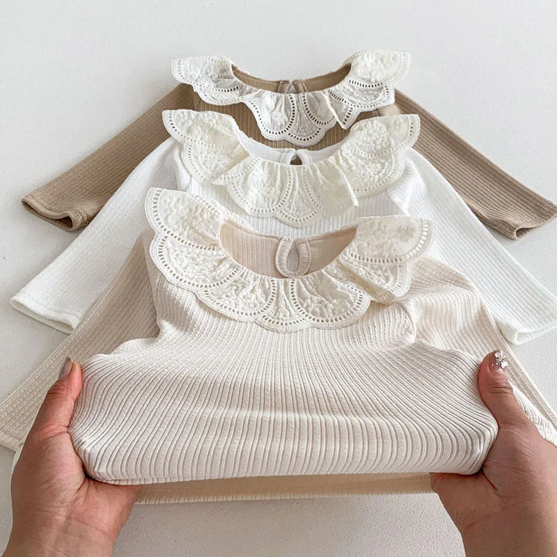 MILANCEL 2024 Autumn New Baby Blouse 0-3Y Sweet Lace Lotus Leaf Collar Girl\'s Shirt Toddler Long Sleeve Base T-shirt