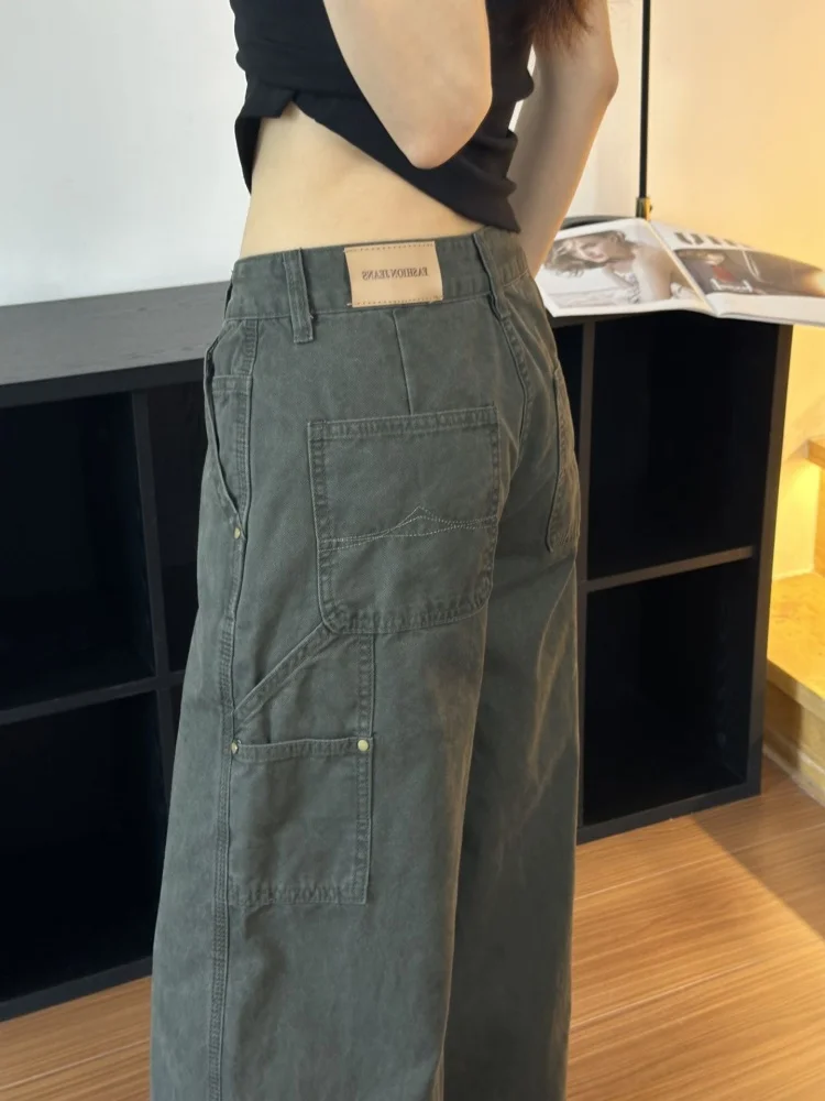 بالإضافة إلى حجم خمر الأمريكية العسكرية الدنيم السراويل النسائية فضفاضة عالية الخصر مستقيم الساق واسعة الساق ملابس العمل بنطلون #4