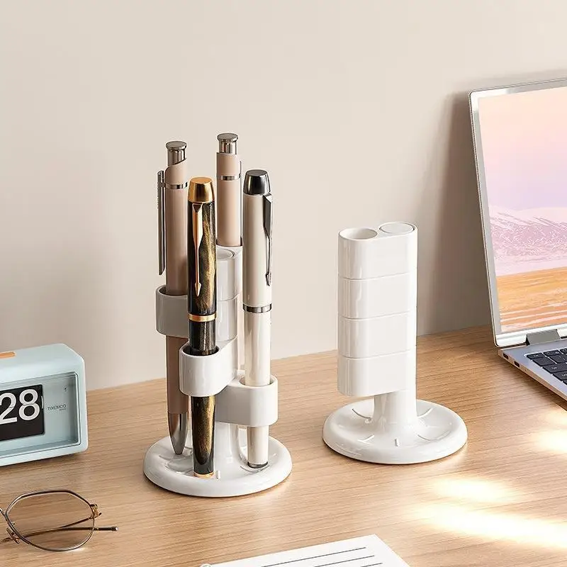 White 4 Slot Rotating Desktop Pen Holder 360 Degree Rotation Space Saving Stationery Organizer for Office Workstation