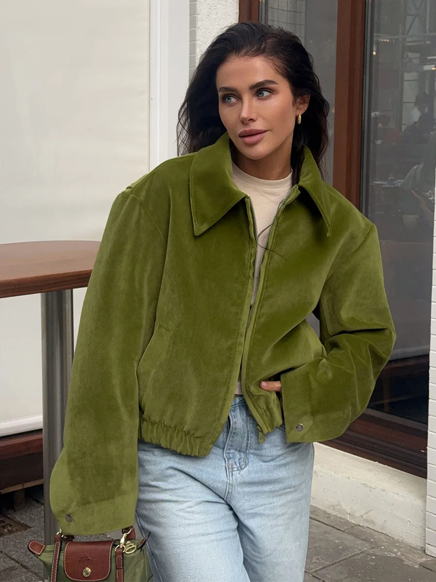 

Wolfeel Women New Autumn Winter Trendy Retro Green Jackets Velvet Loose Baseball Lapel Jacket Outerwear Coats