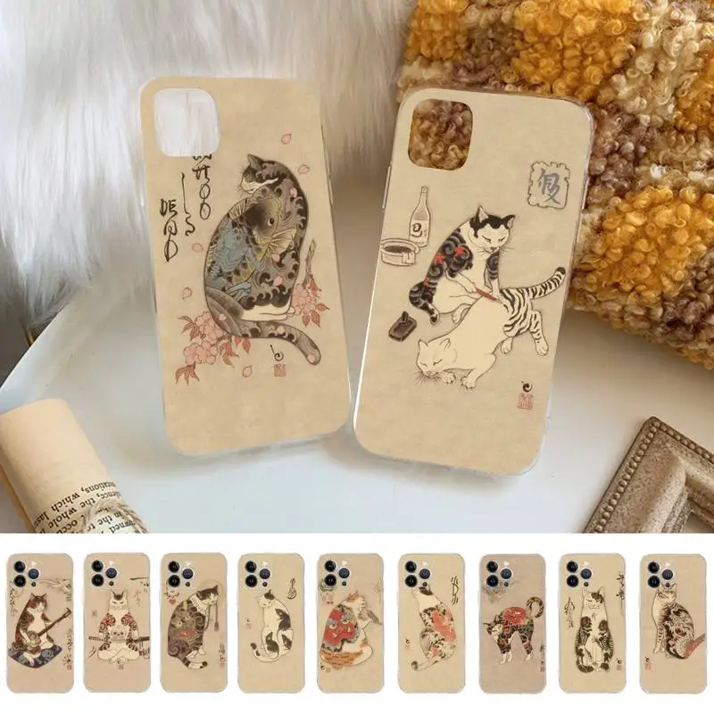 Vintage Japanese samurai cat tattoo cat Phone Case Silicone Soft for iphone 14 13 12 11 Pro Mini XS MAX 8 7 6 Plus X XS XR Cover