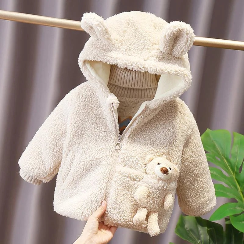 1 2 3 4 5 6 Years Baby Boy Jacket Winter Thicken Warm Hooded Children\'s Outerwear Cute Bear Plush Coats For Toddler Girl Clothes