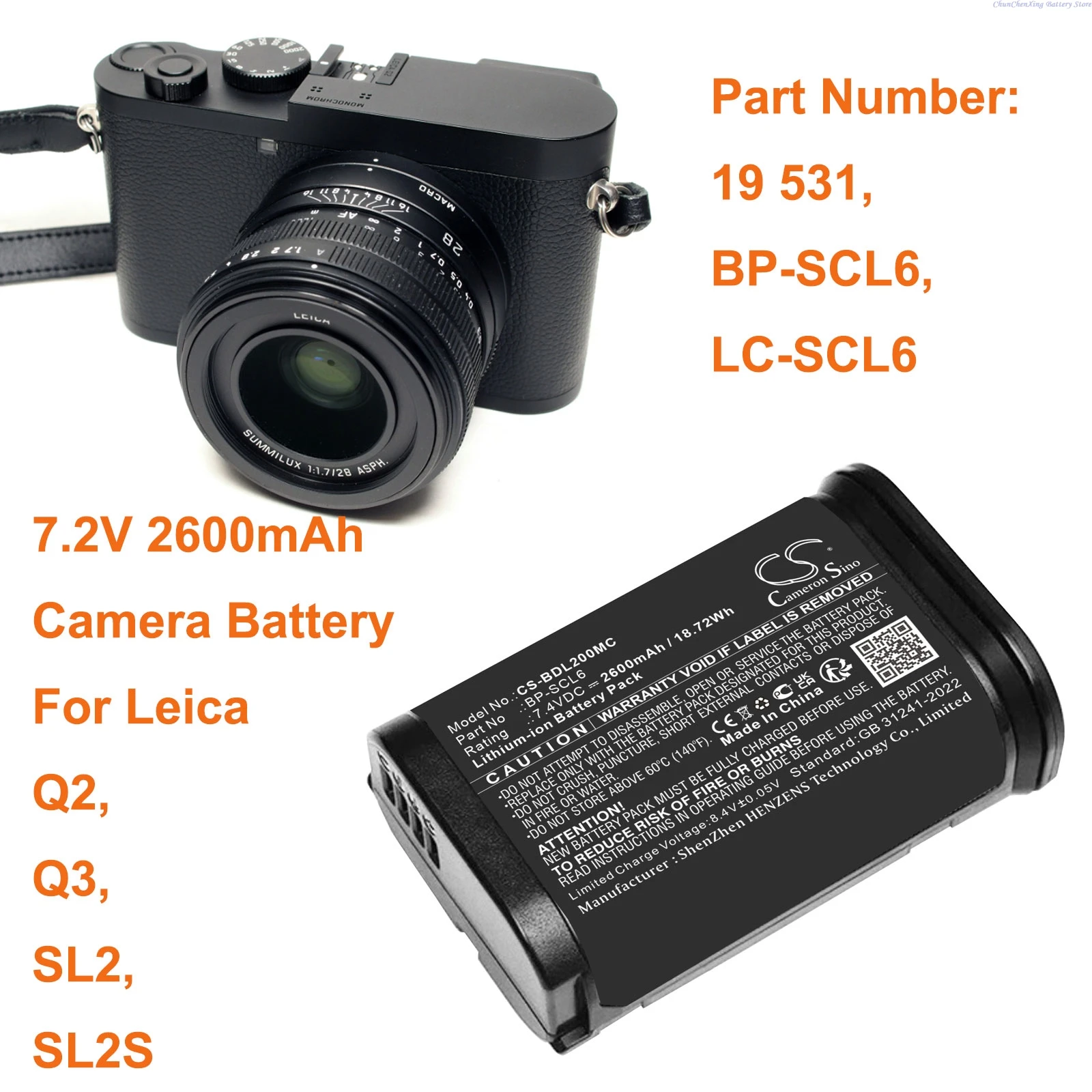 

Cameron Sino 7.2V 2600mAh CS-BDL200MC Camera Battery 19 531,BP-SCL6,LC-SCL6 for Leica Q2, Q3, SL2, SL2S