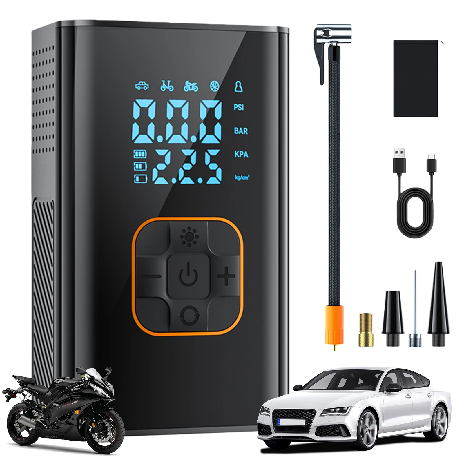 

Портативный воздушный компрессор с цифровым манометром, беспроводной мини-насос для велосипедов с перезаряжаемой батареей для автомобилей, мотоциклов, велосипедов и мячей