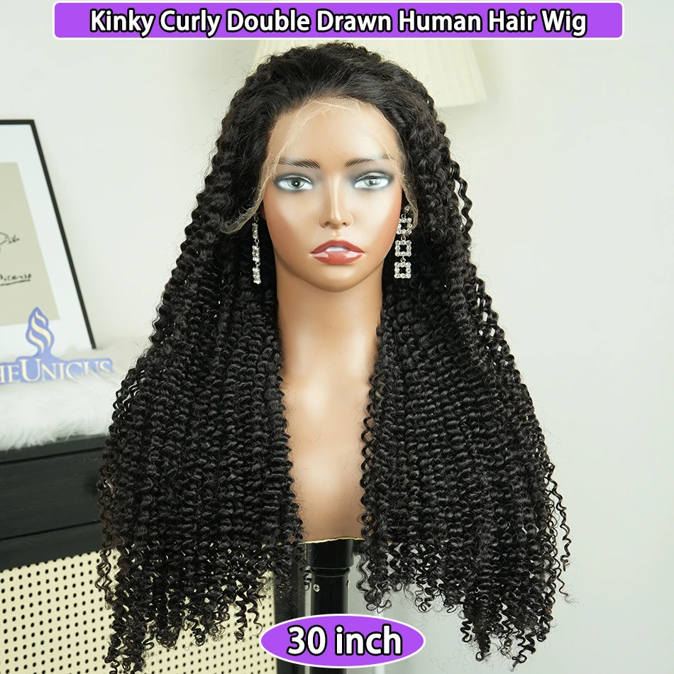 

Double Drawn Kinky Curly 13x4 HD Lace Frontal Wigs Human Hair #1B Natural Color Preplucked Hairline Bleached Knots Wig For Women