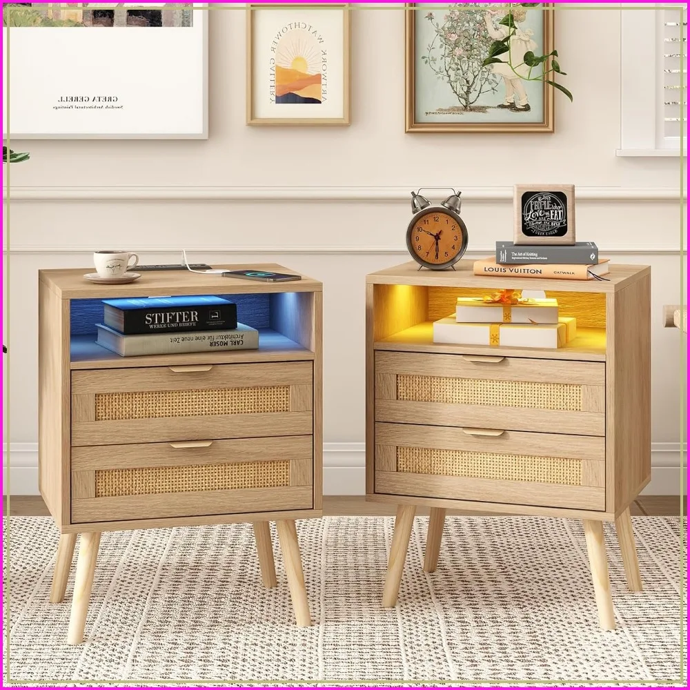Rattan Nightstand Set of 2 with Charging Station and Drawers Natural Wood