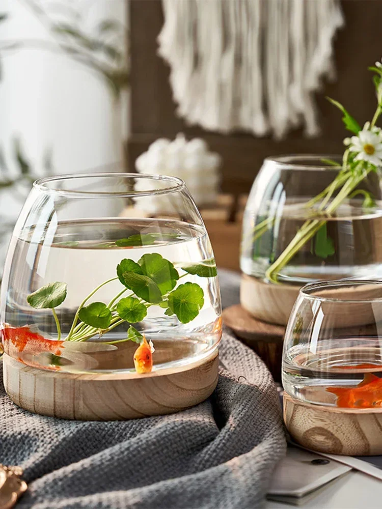 Transparent Glass Fish Tank Creative Circular Wooden Bucket Tank Office Living Room Household Ecological Small Goldfish Tank