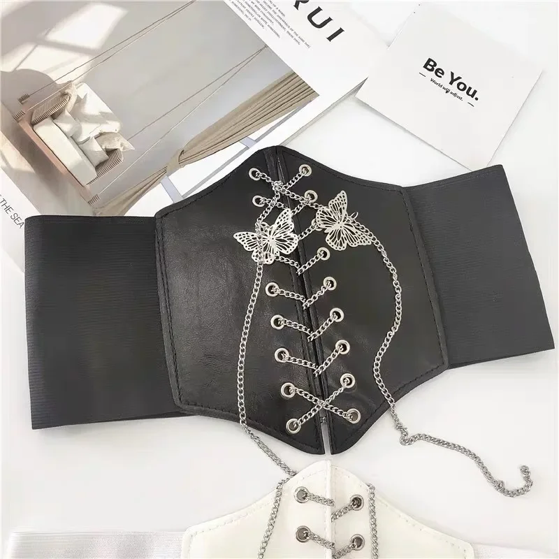 Corset with Butterfly Chain Women Vintage Wide Belts PU Leather Body Shaper Slimming Girdle Waistband Y2k Clothing Accessories