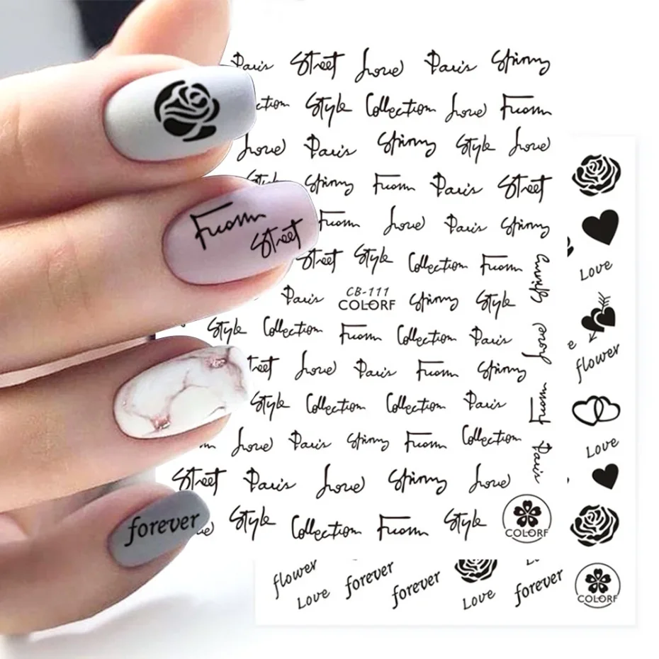 3D Nail Stickers English Letter Flower Sliders Love Heart Valentines Manicure NFCB101