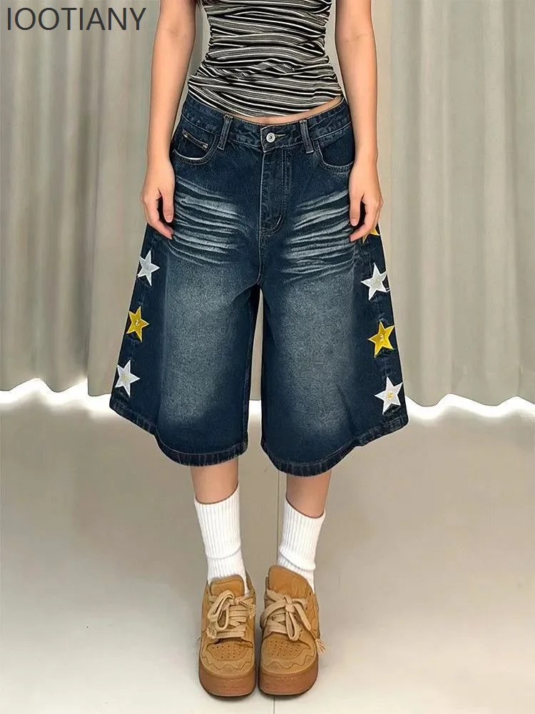 Women Star Embroidery Jeans American Vintage Y2K Streetwear Fashion Slim Fit Capri Pants Casual Denim Trousers 2026 Summer