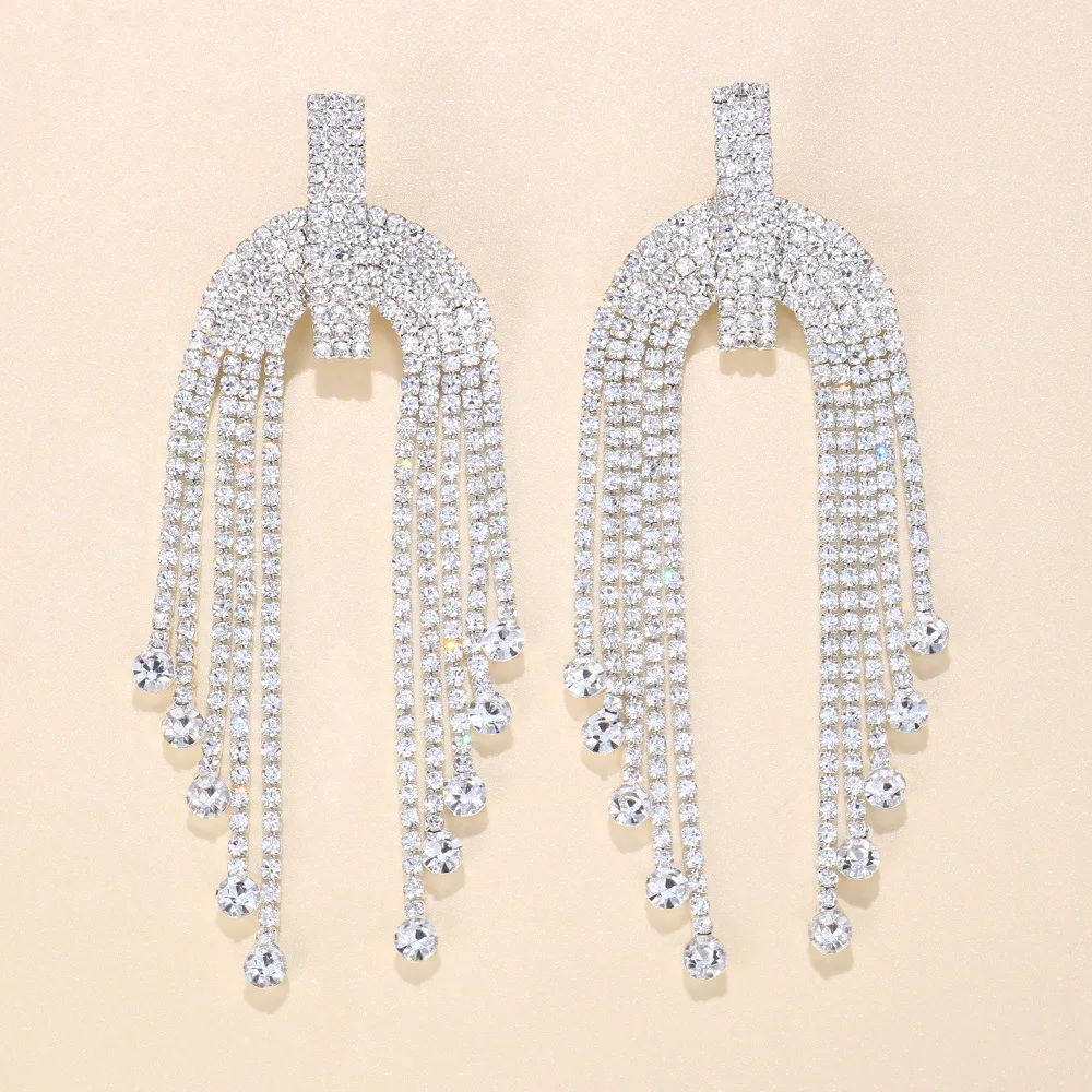 Cross-border hot-selling personalized rhinestone fringed earrings fashionable and shiny full diamond earrings women's accessorie