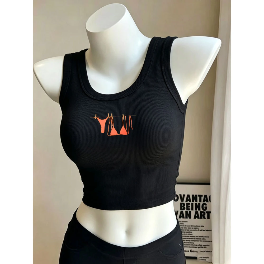 Funny Hanging Bikini Underwear Line Drawing Y2K Camisole Ribbed Tank Top Slim Fit Crop Top Sleeveless Crew Neck Cropped Cami Tee