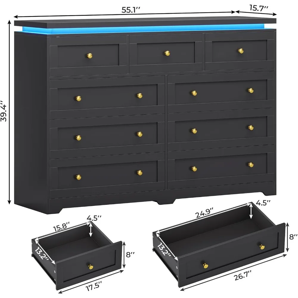 خزانة ملابس سوداء مكونة من 9 أدراج لغرفة النوم مع أضواء LED، وخزائن خشبية كبيرة لغرفة النوم، وخزانة ذات 9 أدراج حديثة، وخزانة طويلة لـ Cl #2