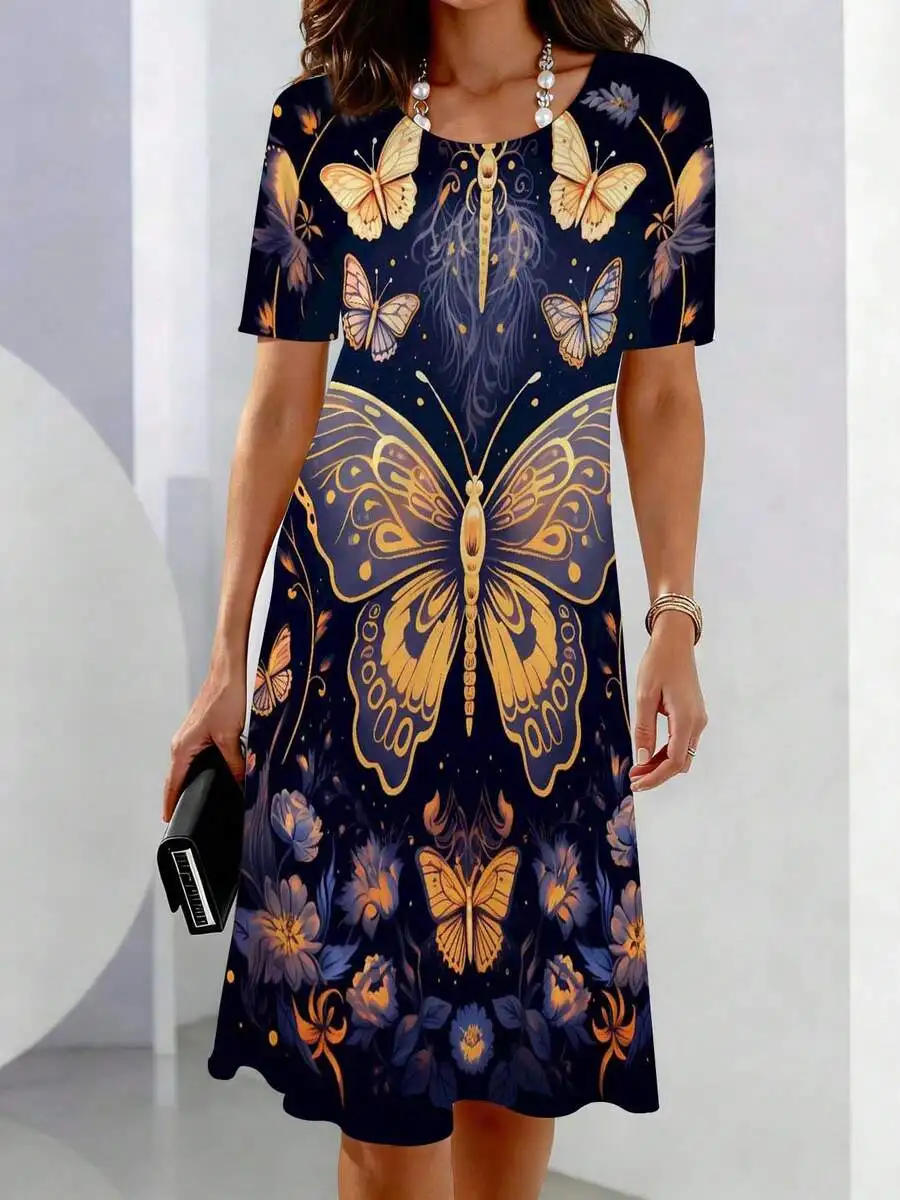 

Womens Casual Butterfly Floral Print Short Sleeve Crew Neck Dress For Leisure