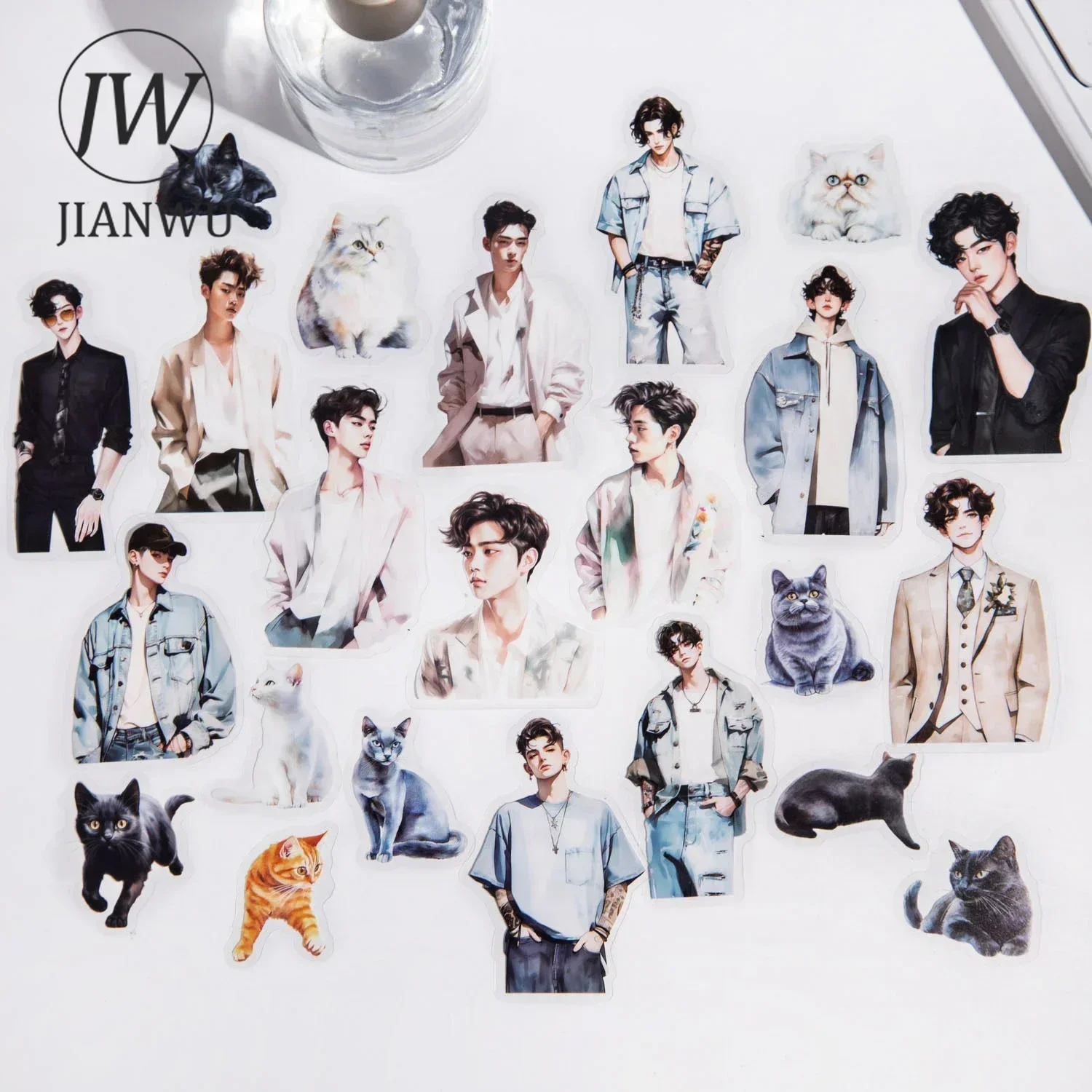 JIANWU Cat Language Boy Series Literary Character Landscaping Material Collage PET Sticker Creative DIY Journal Stationery