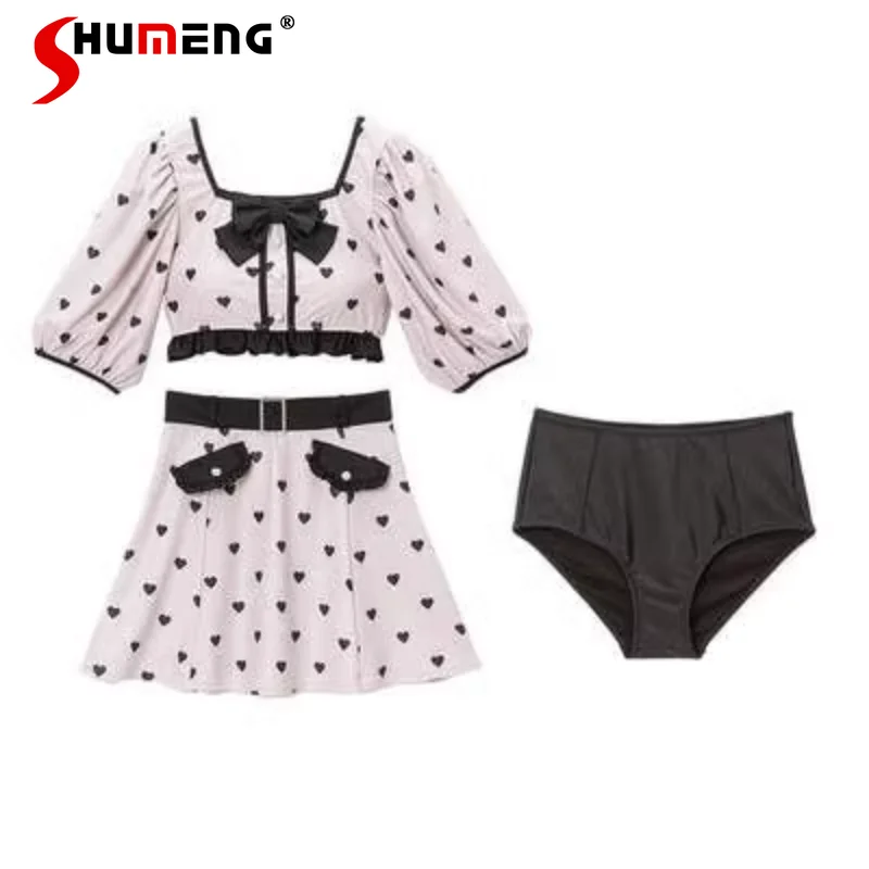 

Women's Swimsuit Japanese Style Sweet Lady Printed Short-Sleeved Top + Midriff Outfit Split Short Skirt Swimwear 3-Piece Set