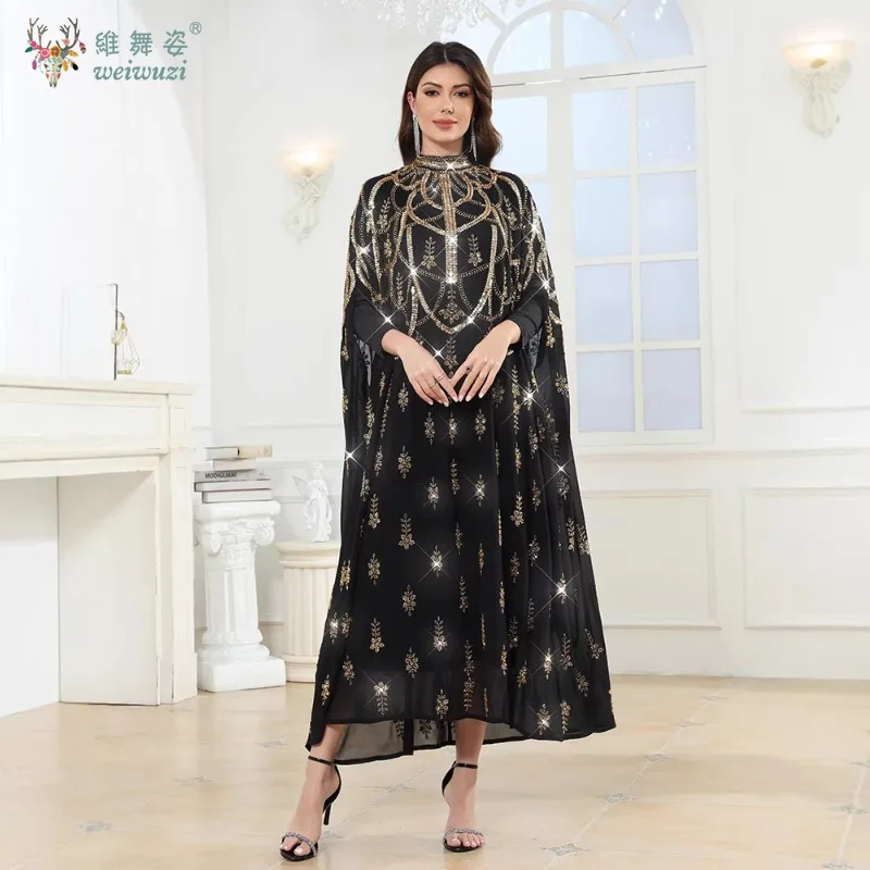 

Elegant Bead Embroidery Sequin Mesh Robe Gown Abaya Islam Ramadan Long Robe for Arab Muslims Dubai Luxury Gala Evening Dresses