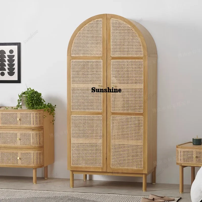 

Ankara double-door rattan wardrobe, quiet wind retro solid wood floor-to-ceiling cabinet, opposite door, black storageTJ
