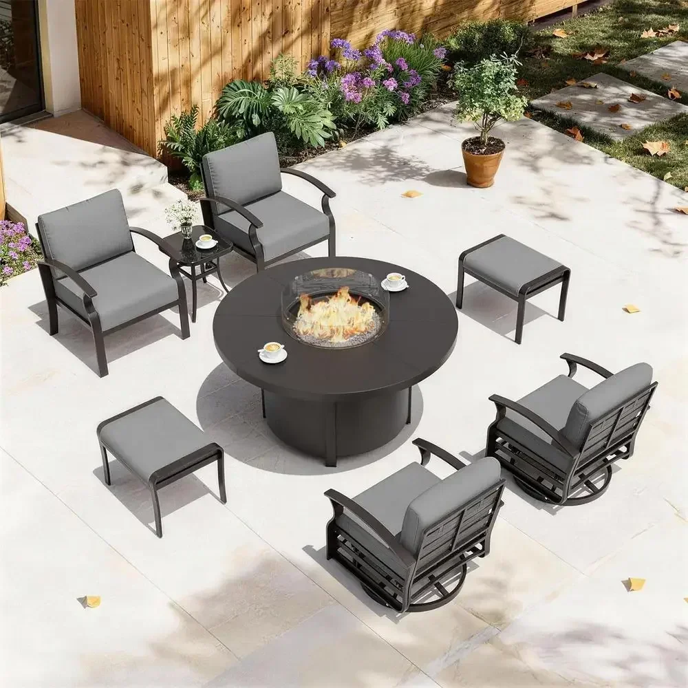 Patio urniture Set with Round Propane ire Pit Table 6-seat Metal Outdoor urniture w/Swivel Chairs & 2 Ottomans Patio Sectional S