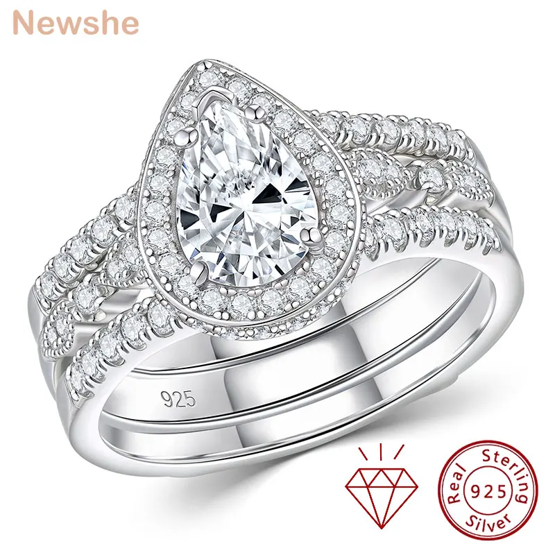 Newshe Moissanite Bridal Ring Sets for women Certified 925 Sterling Silver Pear Shape Engagement Rings with Enhancer Band