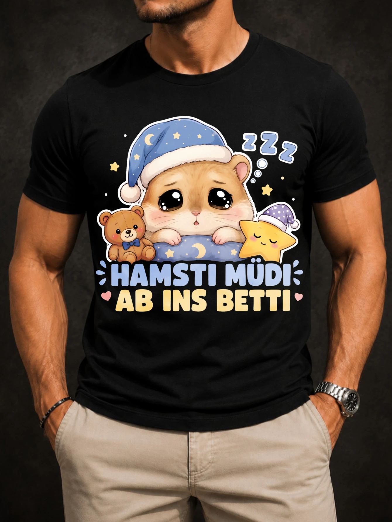 Hamsti Mudi Ab Ins Betti Graphic spy wide eyed hamster in a moon with teddy bear and star cute  Unisex All T-Shirt