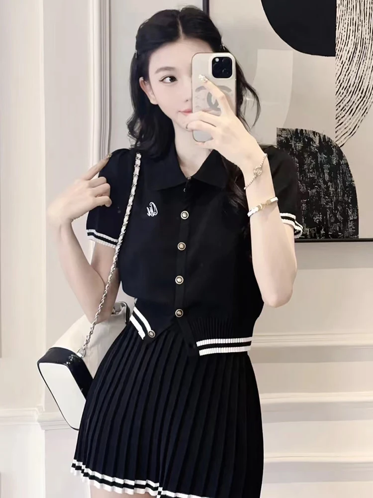 New Korea Fashion Stripe Knitted Suits Women Short Sleeves Top + Pleated A Line Skirt Summer Casual Streetwear Two Pieces Sets