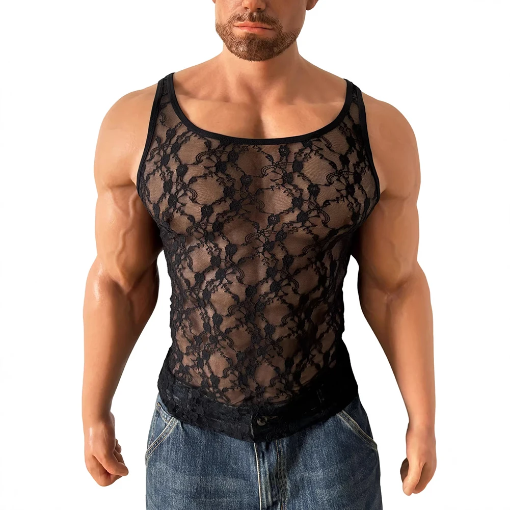 Herren-Tanktop mit floraler Spitze, durchsichtiges, ärmelloses Mesh-Oberteil, elastische Nachtwäsche, Nachtwäsche für den Freizeiturlaub am Strand, im Club