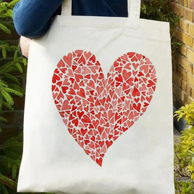 Tas Bahu Kanvas Putih Tas Tangan Kasual Desain Gradien Cetak Hati Cat Air Biru untuk Wanita Belanja Harian Perjalanan Pantai