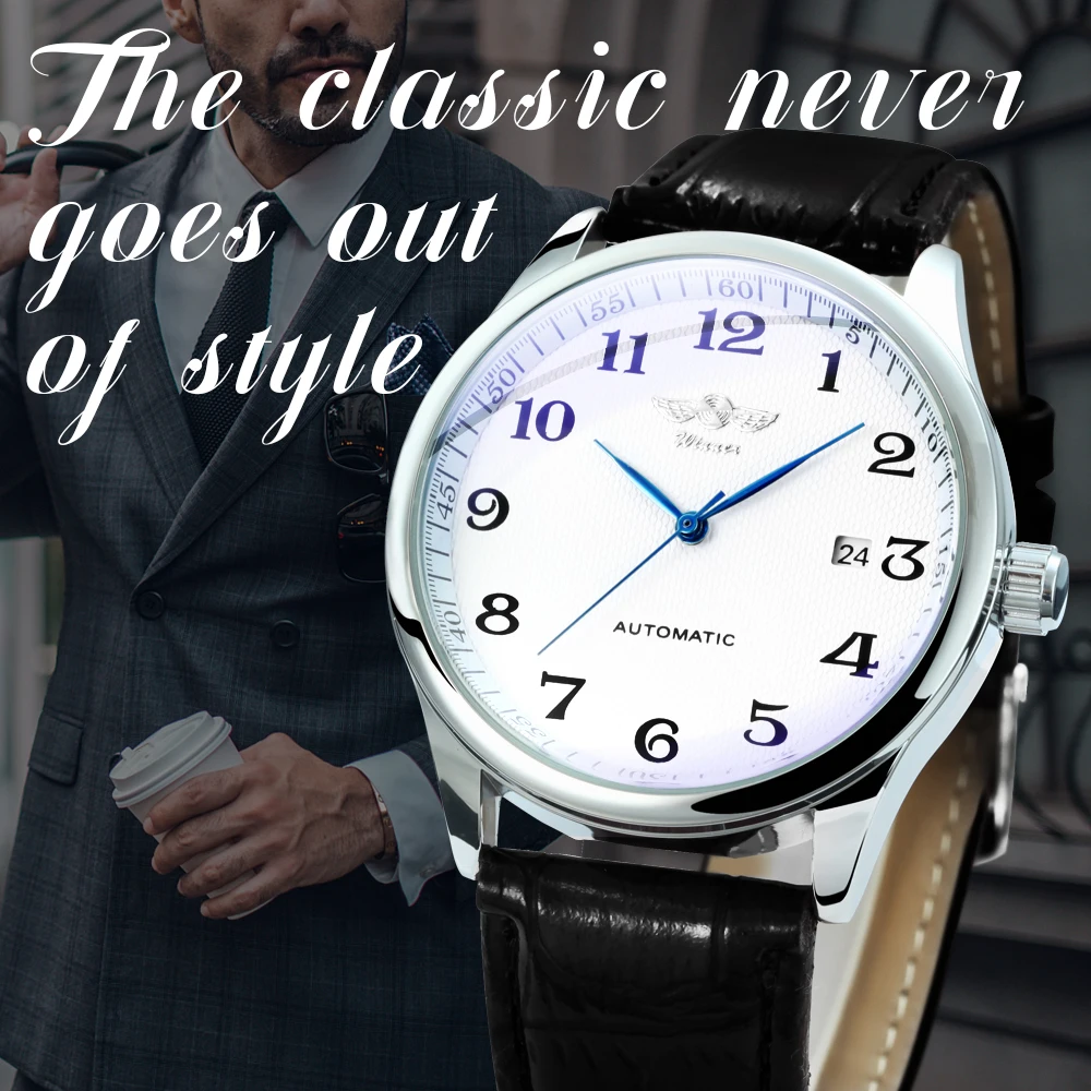 Winner Klassische Business-Armbanduhr für Herren, Retro-Kalender, blaue Zeiger, automatische mechanische Uhren, Top-Marke, Luxus-Stahl-Ledergürtel – Detail 3
