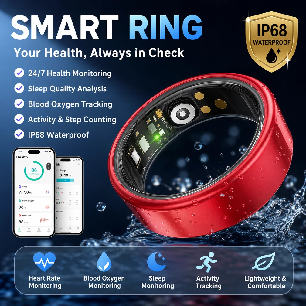 Fitness Smart Ring with Charging Case Step Counter Calorie Tracker Sports Activity Heart Rate Sleep Monitor Wearable for iPhone