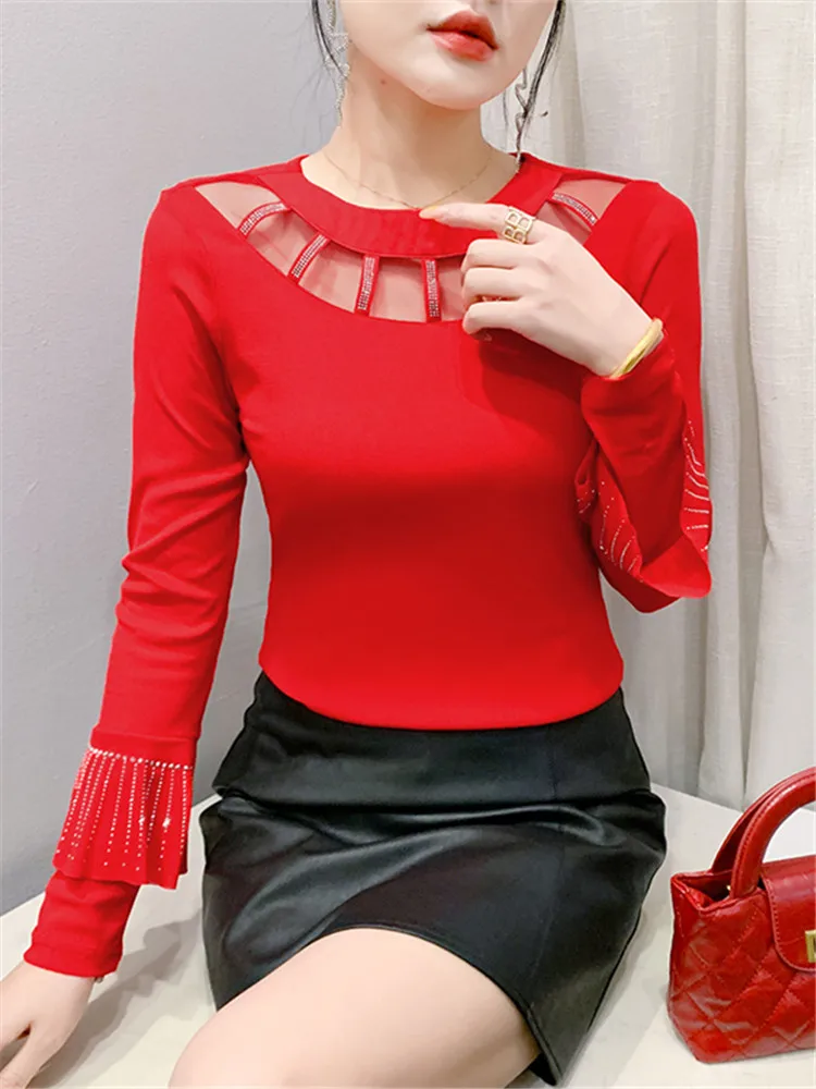 Ele Long Sve Me Base irt Camiseta de mujer con diamantes de imitación Hotfix Diseño calado Street Sle Spring Faion