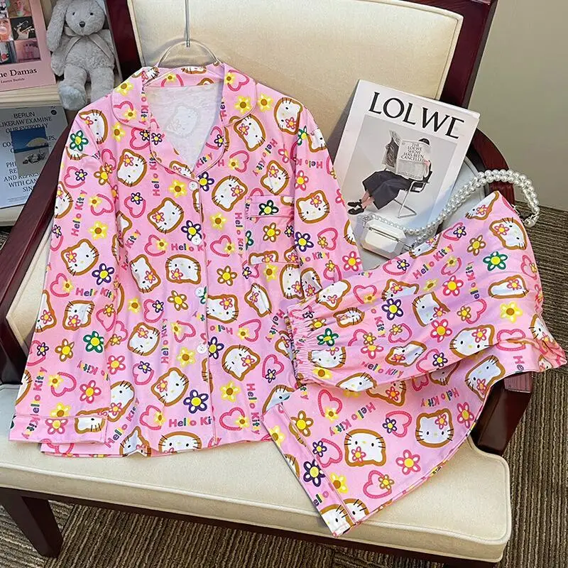 حار Kawaii أنيمي مرحبا كيتي المرأة منامة الكرتون القط الحلو نمط طويل الأكمام السراويل مجموعات في سن المراهقة ملابس المنزل مناسبة الفتيات