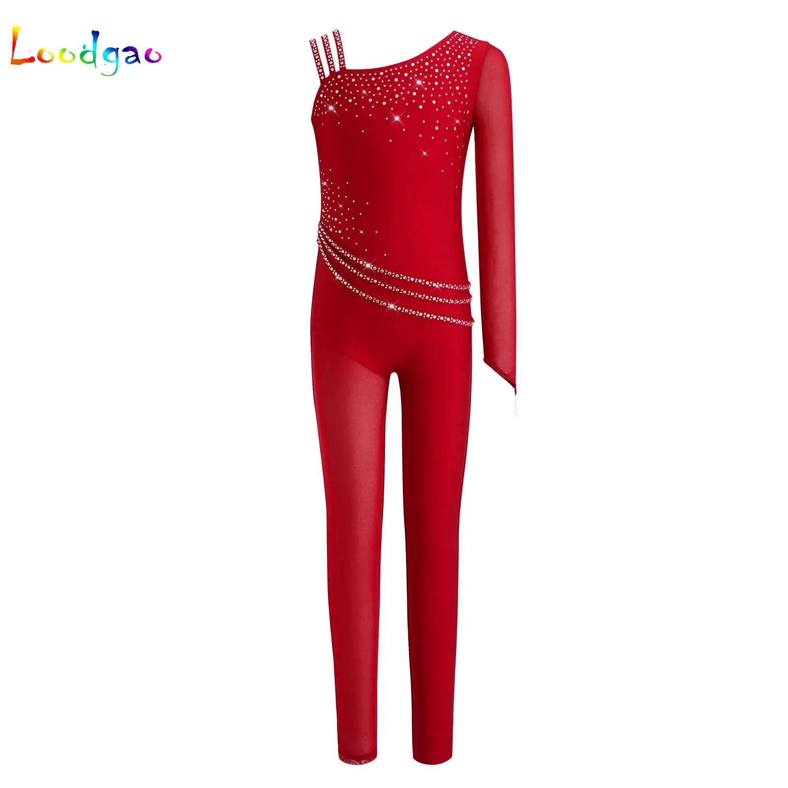 

Figure Skating Bodysuit Jumpsuit Kid Girl Rhinestones Asymmetric Shoulder Rhythmic Gymnastics Latin Roller Skating Dance Costume