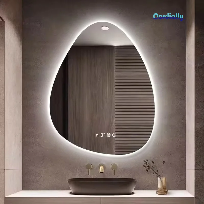 Touch Switch LED Mirror Backlit Teardrop Shape Bathroom Vanity Anti Fog Wall Mounted Dimmable Smart Home Hotel Bedroom