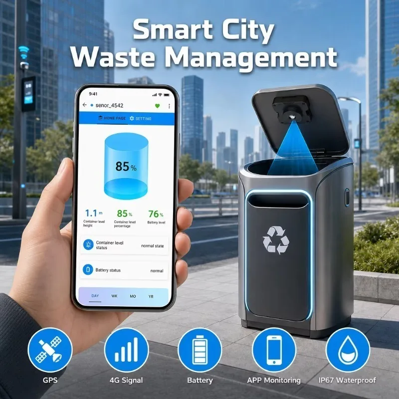 4G Ultrasonic Waste Bin Level Sensor With GPS Tracking for Smart Waste Collection Waste Management Smart Trash Can Monitoring