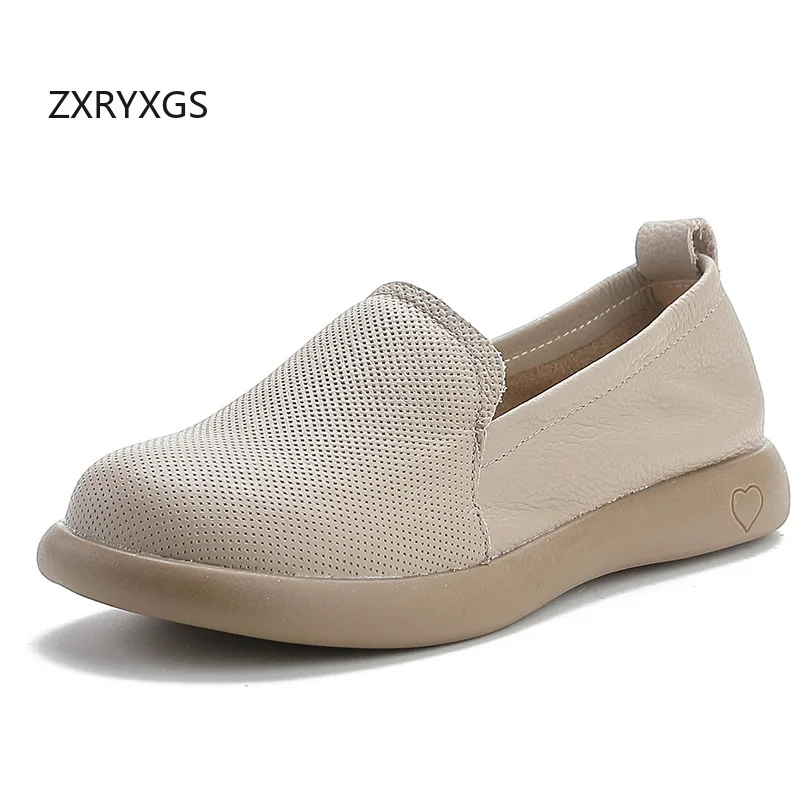 ZXRYXGS Top Cowhide Round Toe Widened Fat Foot Women Leather Shoes Flat Shoes 2024 New Spring Fashion Casual Shoes Loafer Flats