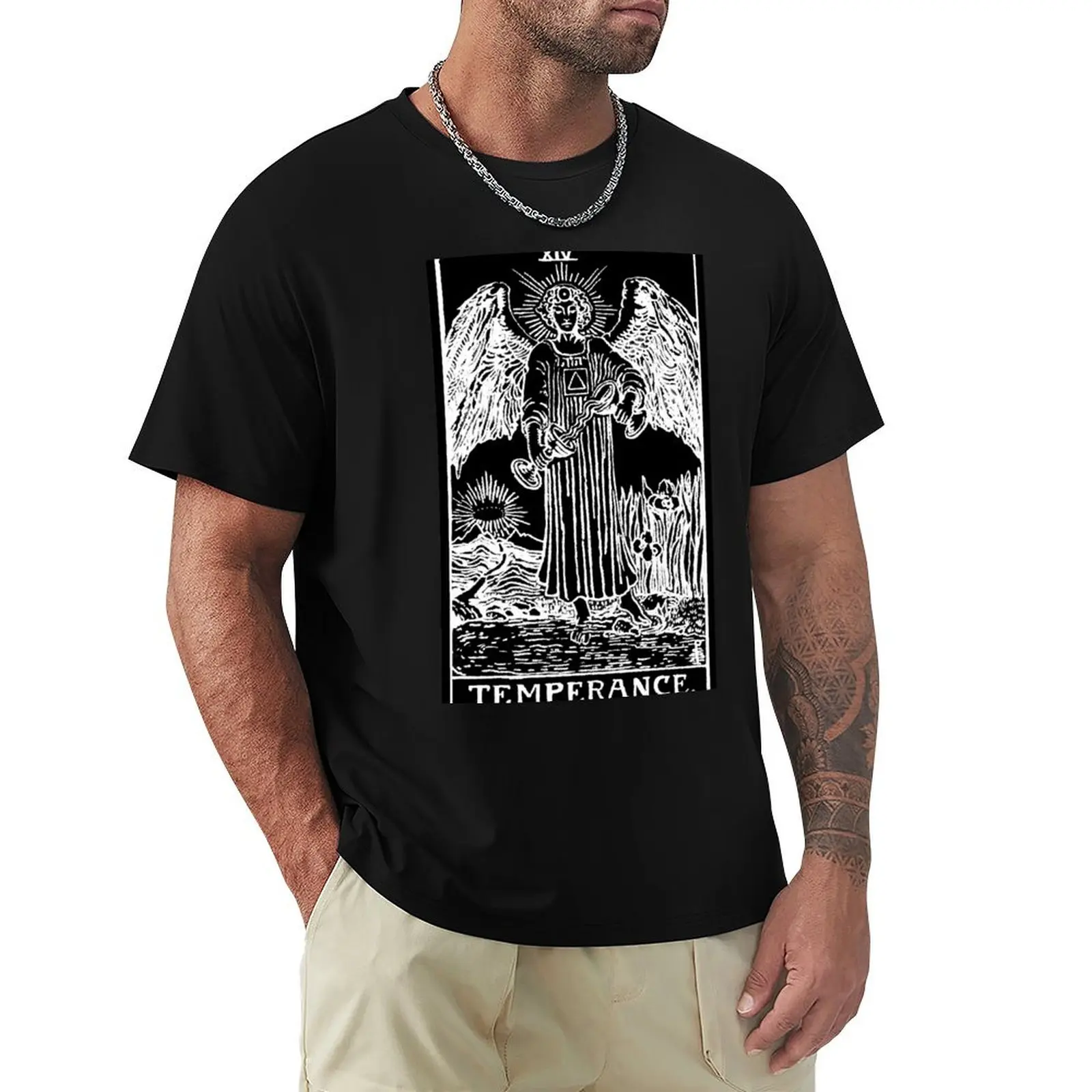 

XIV. Temperance Tarot Card Obsidian and Pearl T-Shirt Durable Work Wear T-Shirt