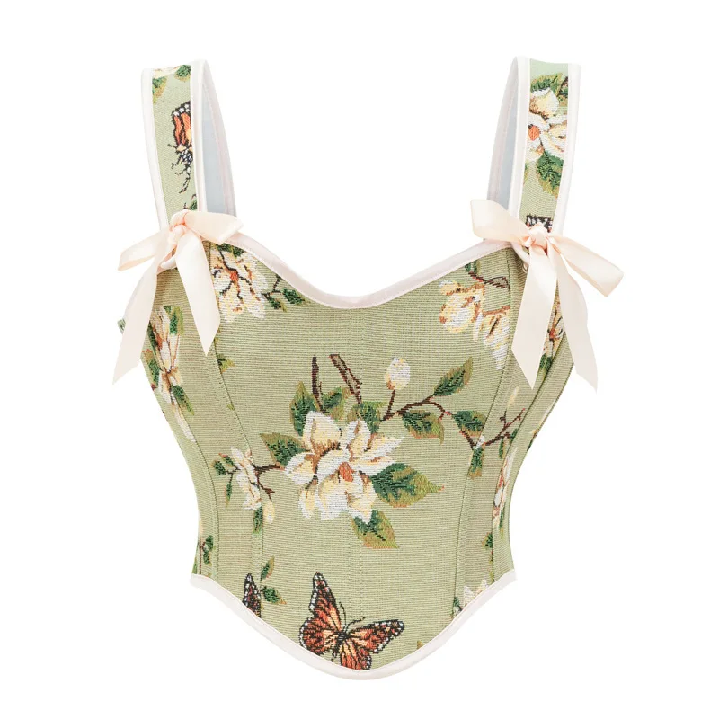 Women's Vintage Butterfly Floral corset Crop Top Strap Boned bustier Cute Party Bodyshaper