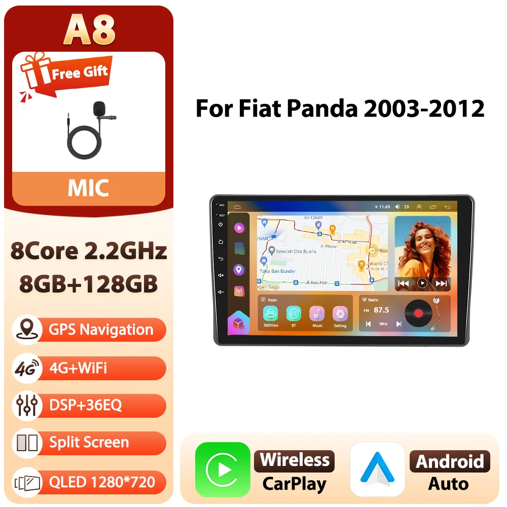Podofo Android 9 inch 8-core 8+128GB autoradio voor Fiat Panda 2003-2012 met 4G WIFI, multimediaspeler, GPS, AM/FM/RDS