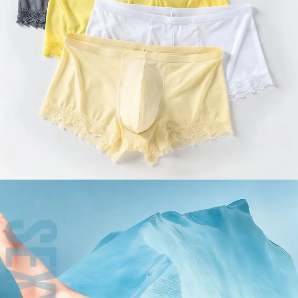 Mens Breathable Boxer Briefs Ice Silk Lace Trim Low Waist Underwear Large Pouch Comfortable Sexy Quick Dry Summer Shorts Trunks