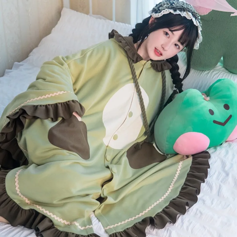 Kawaii Frog Plush Cloak Cartoon Cloak Pajamas Girl Sleepwear Cute Costume Spring Autumn Cloak Female Blanket Cape