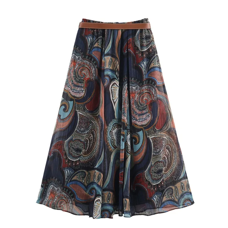 أوروبا وأمريكا 2025 خريف جديد حزام الديكور موضوع معدني الطباعة نصف الجسم تنورة ميدي