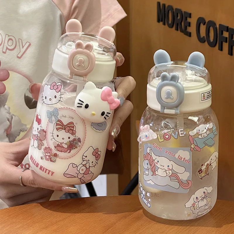 

500ML Sanrio Hello Kitty Transparent Straw Cup Anime Cartoon Cinnamoroll For Kid Kawaii Bottle Water Cup Gifts