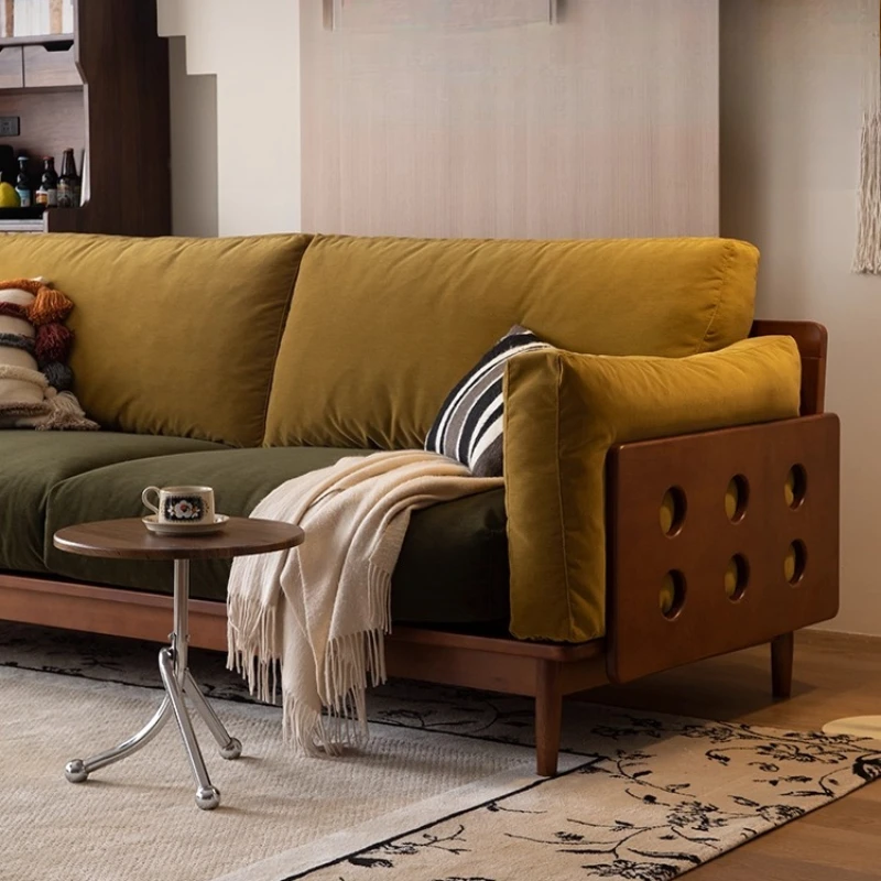 

Retro solid wood Italian fabric sofa small apartment Bauhaus light luxury living room straight row light luxury high sense