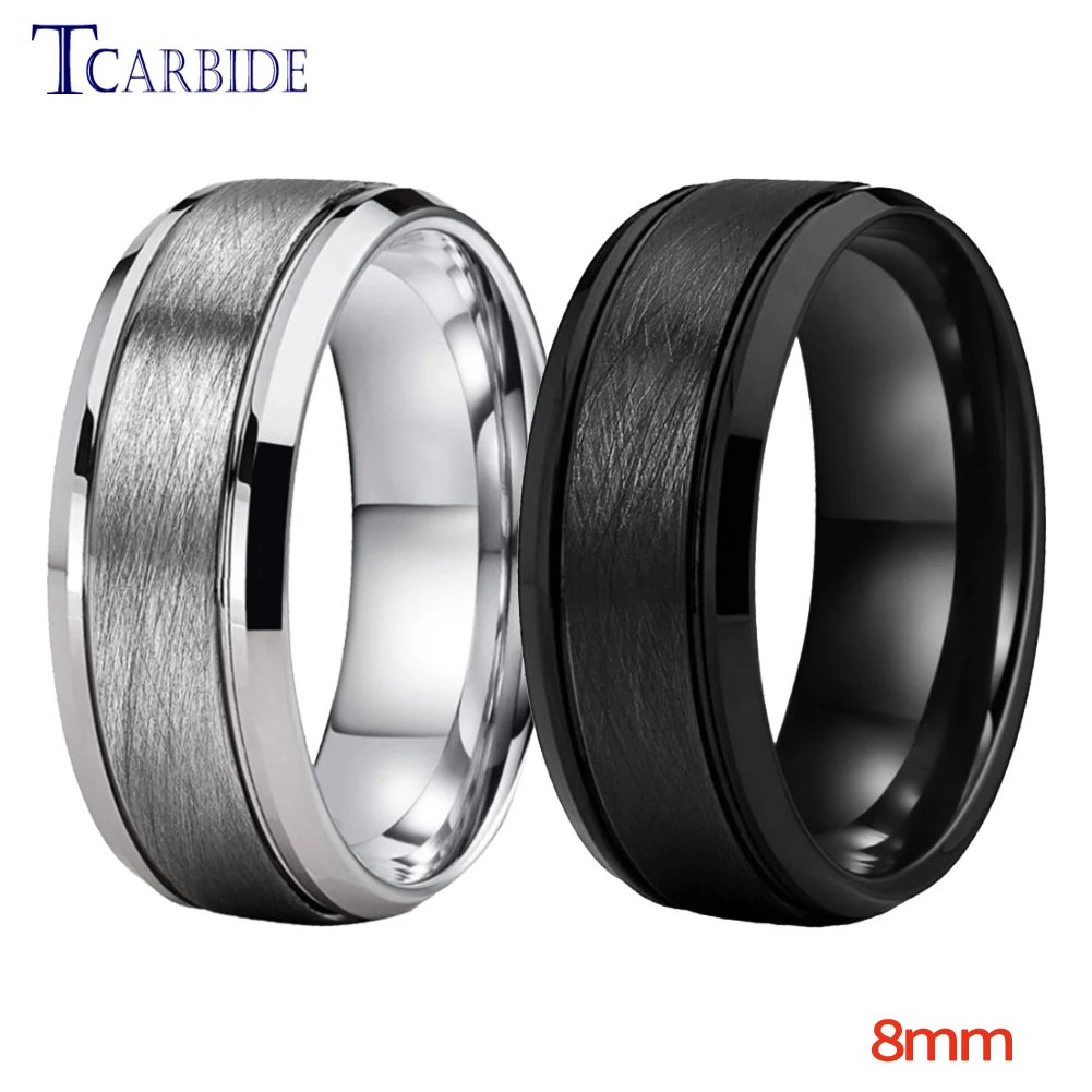 

8MM Black Men Women Ring Unique Tungsten Wedding Band Fashion Jewelry Grooved Brushed Finish Comfort Fit